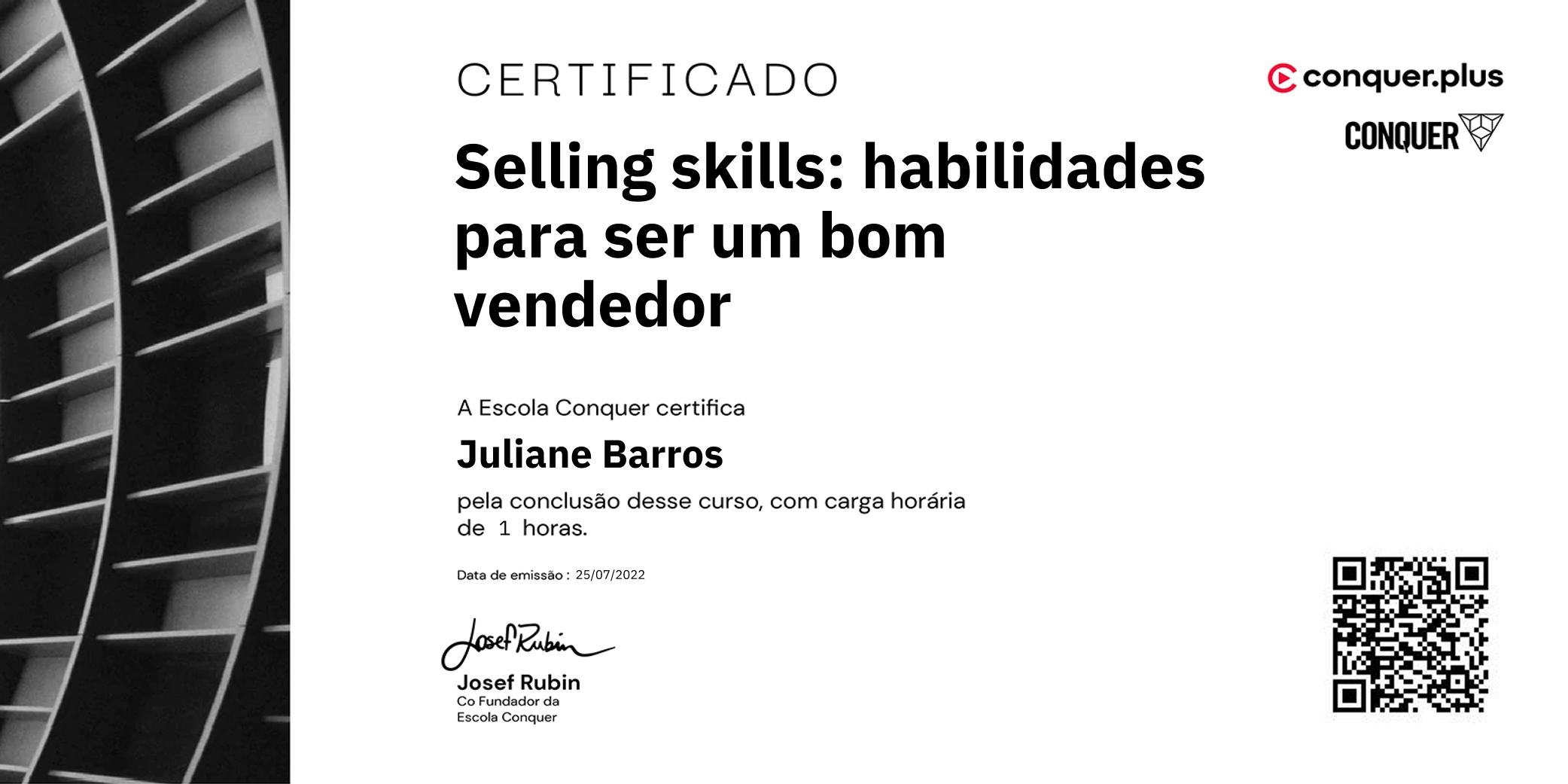 Certificado de Selling skills: habilidades para ser um bom vendedor